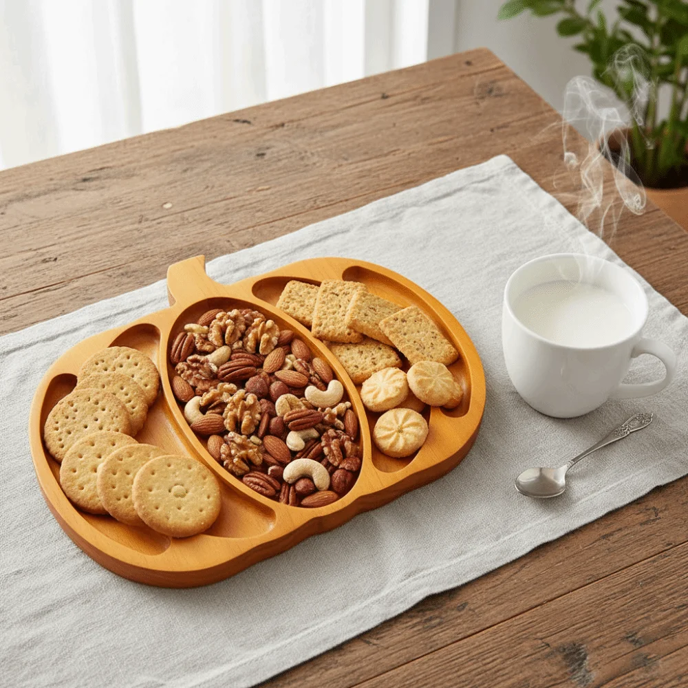Wooden Halloween Pumpkin Snack Tray 5 Grid Sturdy Nut Platter with Compartment Drop-resistant Charcuterie Board Living Room