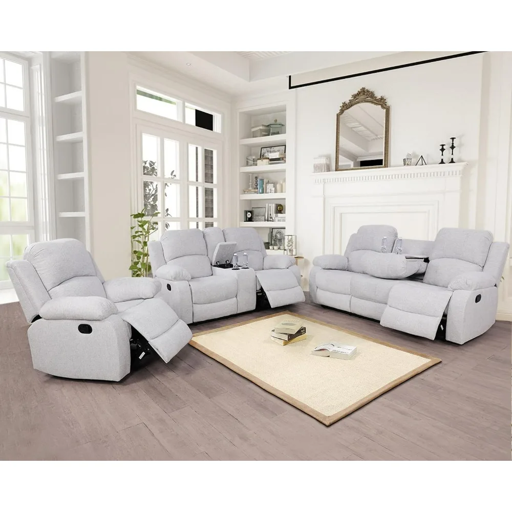 Recliner Sofa Set Living Room Furniture, Microfiber Fabric Reclining Sofa Set, Recliner Couch Set with Cup Holders for Home