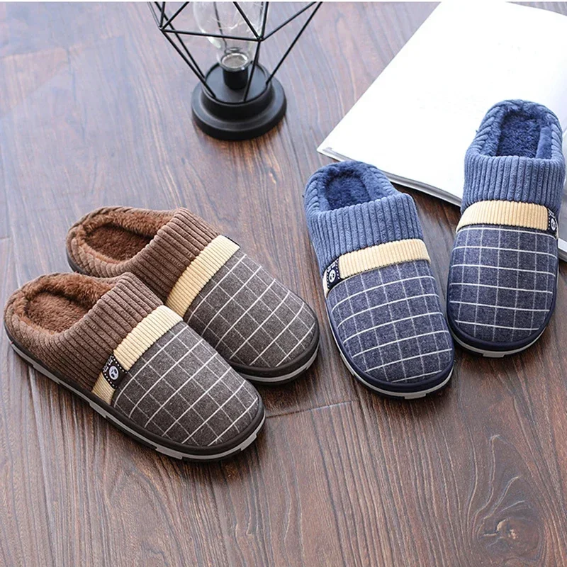 

Fuzzy Slipper Male Men Thermal Winter Warm Fur Contton Plush Non Slip Grip Indoor Lazy Floor House Shoe Flat Plus Large Size