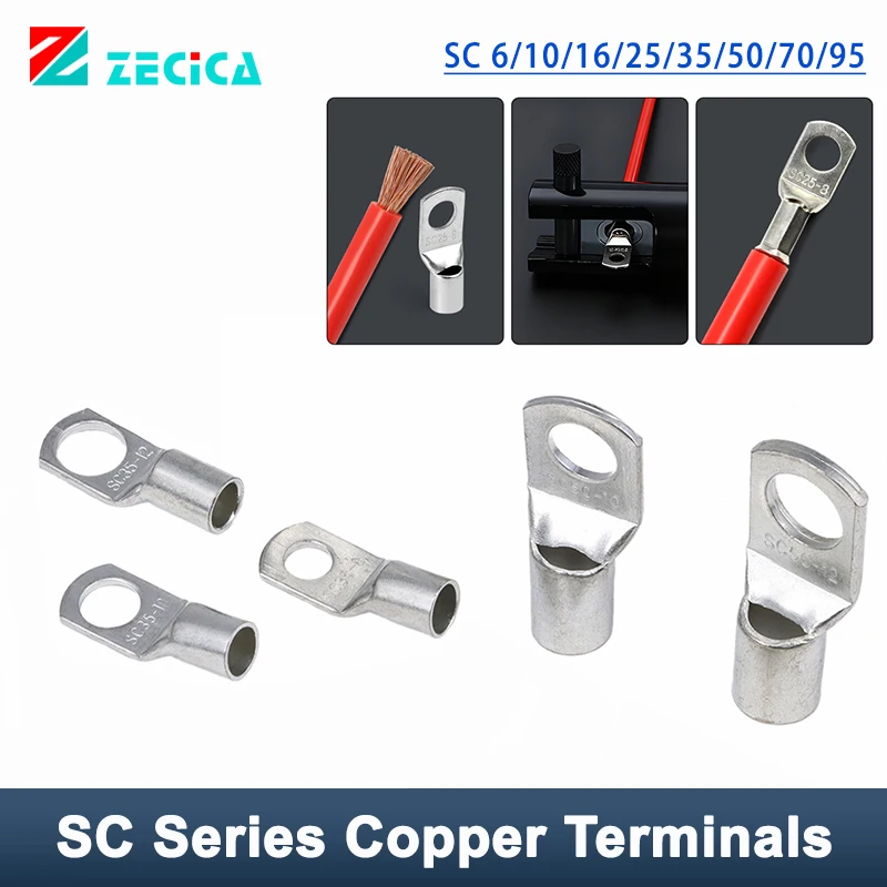 SC Series Copper Terminals SC 6/10/16/25/35/50/70/95 Crimping Cable End Wire Connector Screw Hole 6/8/10/12mm Battery Cable Lugs