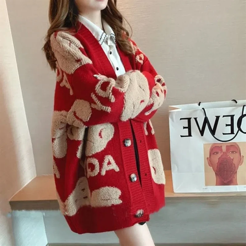 

Midi Cardigans Sweater Cartoon Pattern Printing Letter Thicken Autumn Women Now Korean Loose Elastic Long Sleeve Knitted Coat