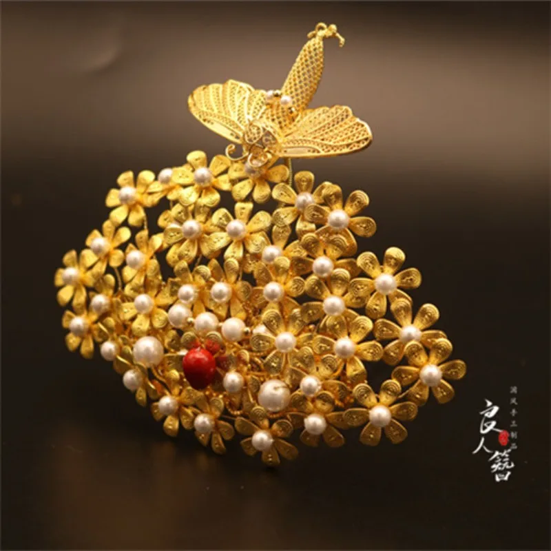Tang Dynasty Li Jingxun Moth Chasing Flower Crown Replica Hanfu Hair Crown Antique Hairpins Runway Show Accessory Handmade Gift