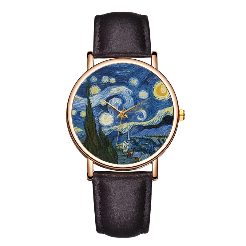 Creative Women\'s Watches Van Gogh Paintings The Starry Night Bracelet Simple Three-pin Leather Strap Ladies Watch Gift For Women