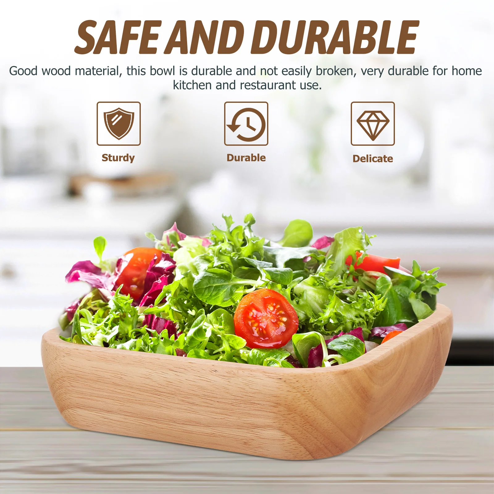 

Salad Storage Bowl Wooden Square Shape Dish for Home Kitchen Restaurant Use Fruit Snack Dessert Food Serving Tableware Container