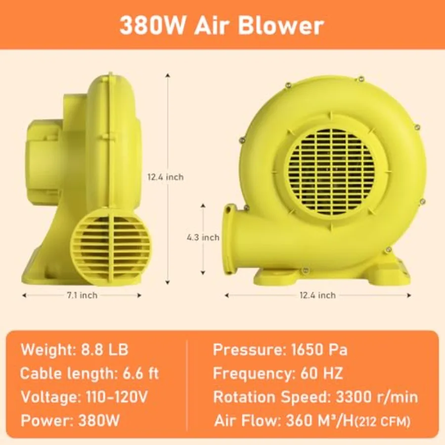 380W 0.5HP Air Blower for Inflatables: Commercial Electric Blower Designed for Continuous Operation to Inflate Bounce Houses Bo