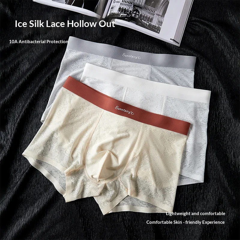 Herrenunterwäsche: Kühle und bequeme Boxershorts aus Eisseide mit Spitzenmuster, atmungsaktiv, nahtlos, Herren-Boxershorts, Übergröße