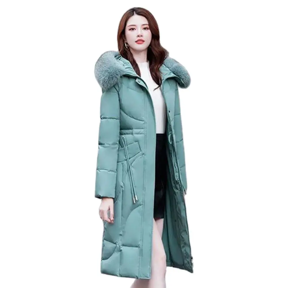 Down Jacket Ladies In Autumn And Winter Temperament Long Hooded Fashion Over The Knee Warm Slim Coat Female Tide.