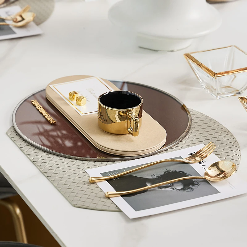Luxury Tableware Decor Set Exhibition Hall Table Setting Silver Edge Orange Glass Tray Weaving Apricot Oval Leather Placemat