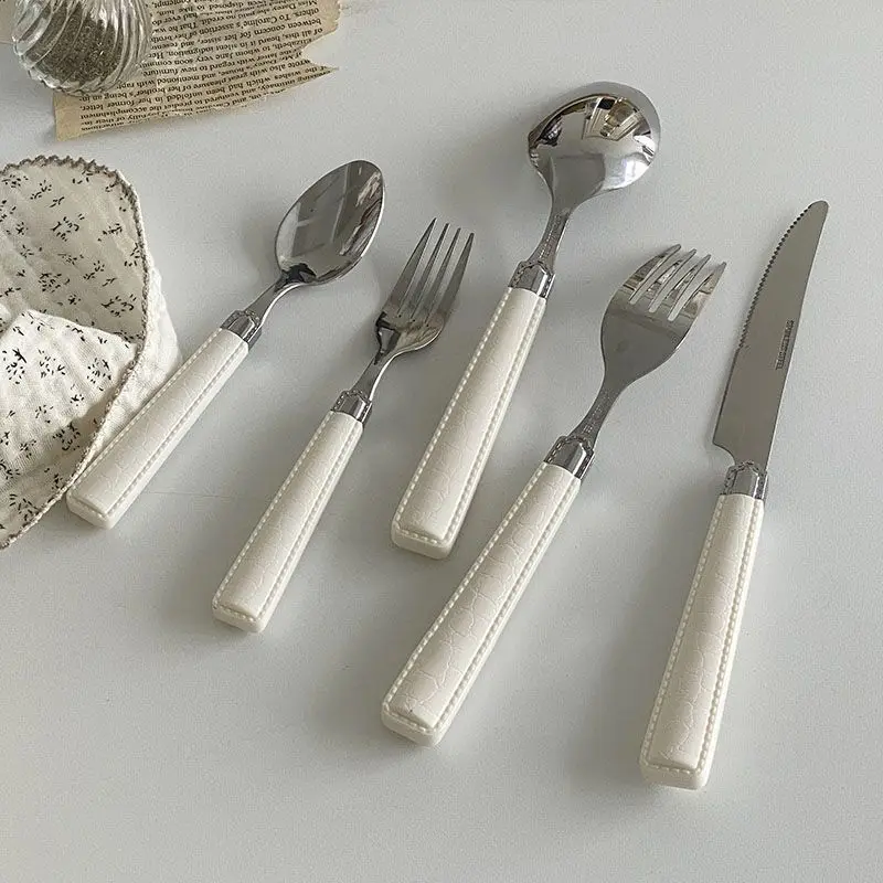 Imitation Leather Handle Stainless Steel Knife Fork Spoon Set Korean Style Western Tableware Household Spoon Knife Fork SetZD556