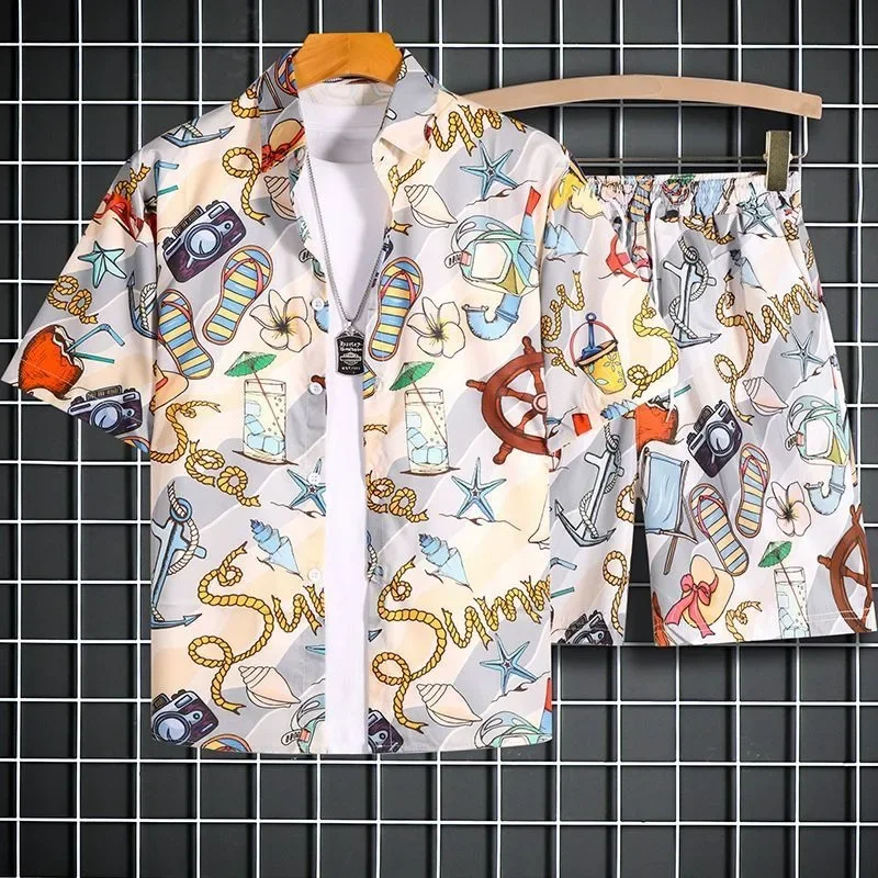 

Fashion Cute Pattern Shirts and Short 2 Piece Sets Men Quick Drying Casual Outfits Male Beach French Hawaii Handsome Women Top