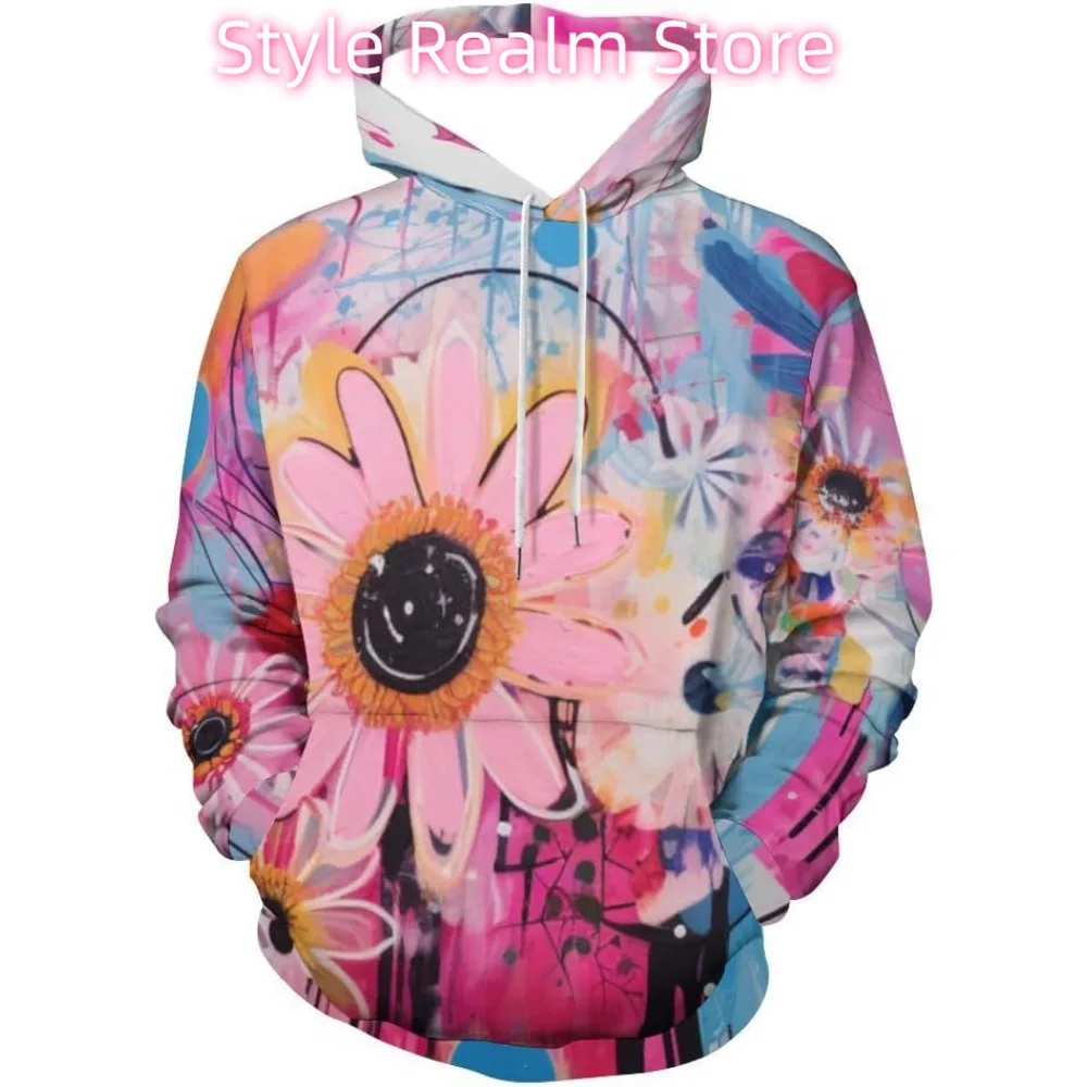 للجنسين الجدة الوردي زهرة هوديي 3D مطبوعة الفن نمط عارضة البلوز مقنعين الجيب