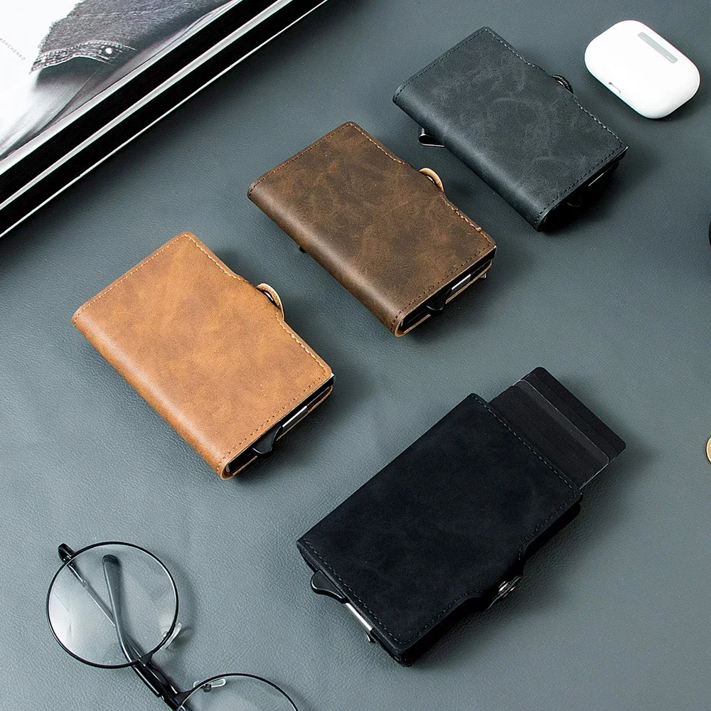 

Anti RFID Pop Up Metal Wallet Mens Credit Card Holder Pu Slimwallet Cardholder with Zipper Pocket Aluminum Case Wallet for Men