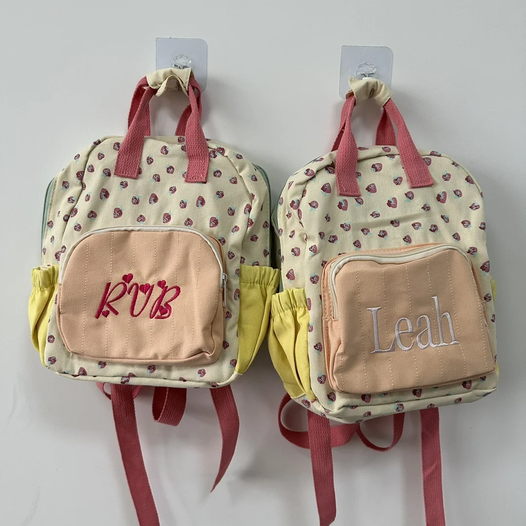 Custom Embroidery Name Strawberry Dopamine Canvas Backpack Personalized Handmade Children's Campus Bag for Snack Walking