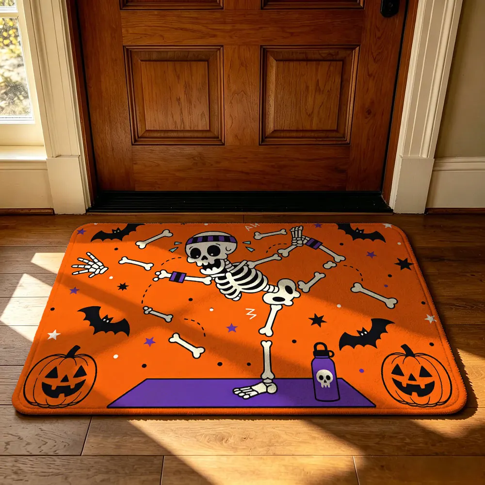 Halloween Dancing Skeleton Bat Pumpkin Doormat Non-slip Washable Entrance Rug Indoor Outdoor Home Decor Floor Mat