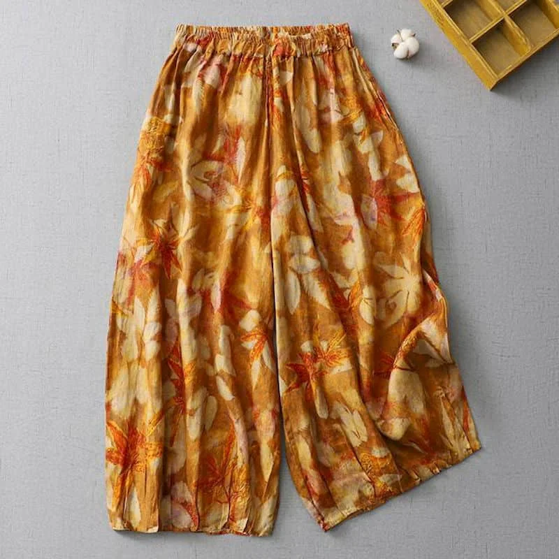 Cropped Pants Women Minimalism Summer Sale Korean Style Elastic Waist Retro Print Trousers Wide Leg Pants Casual Women Clothing