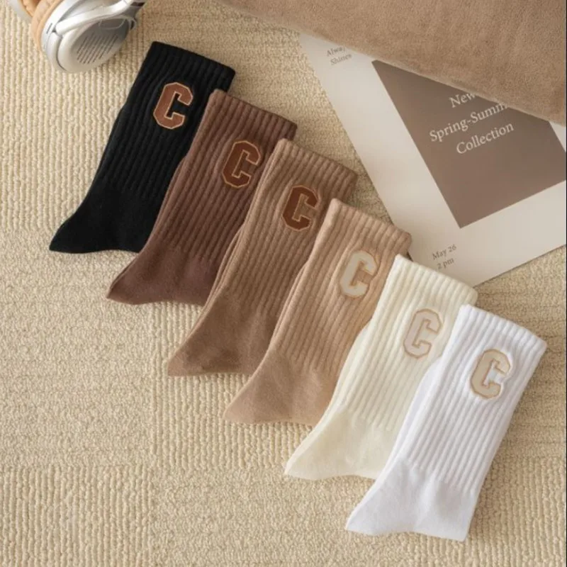 6 Pairs Luxury Warm Socks Kawaii Letter C Ladies Socks Autumn Winter Korean Style Fashion Solid Color Harajuku Home Sock