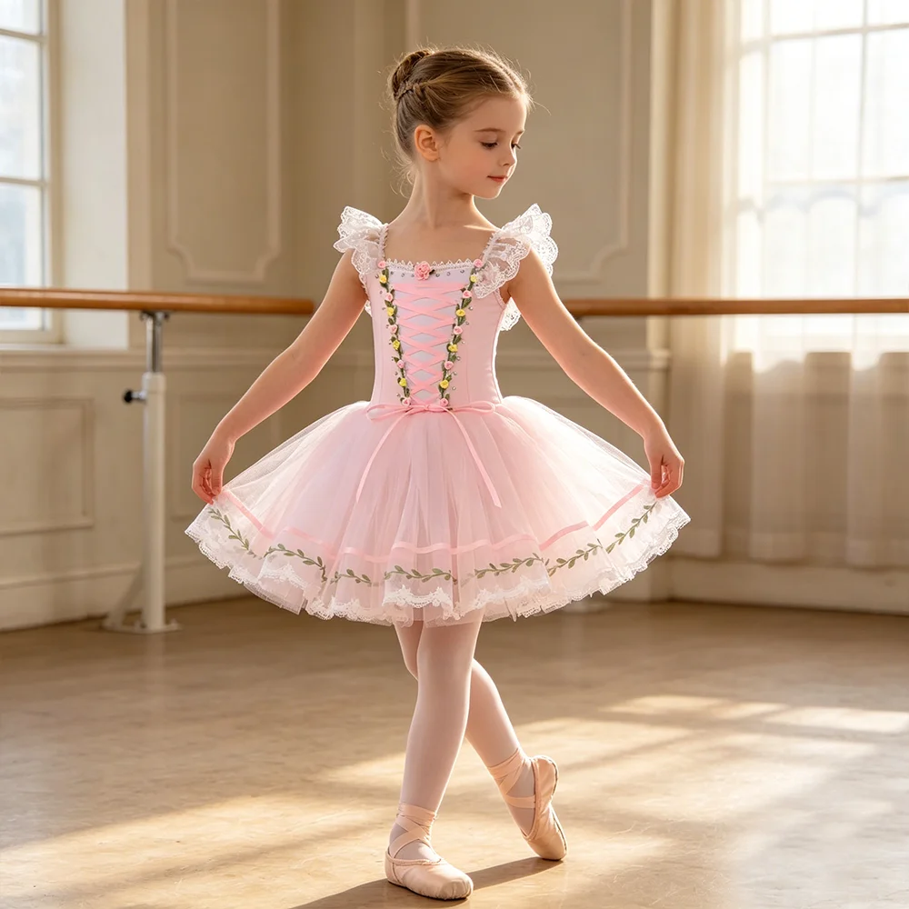 

Girls Professional Ballet Tutu Dress with Flower Ribbon & Lace Diamond Bowknot Gauze Ballerina Party Costume