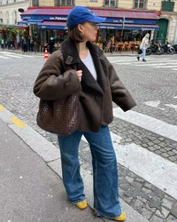 Women's Solid Leather Jacket Lapel Loose Female Fleece Coat 2024 Autumn Pockets Wild Vintage Woman Outwear Streetwear