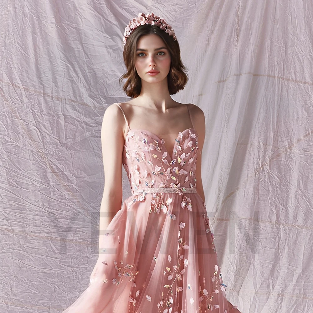 Maßgeschneiderte Spaghettiträger, luxuriöse, elegante Abendkleider, V-Ausschnitt, Applikation, Brautkleider für Partys, Frauen, Zeremonienkleid, Gala