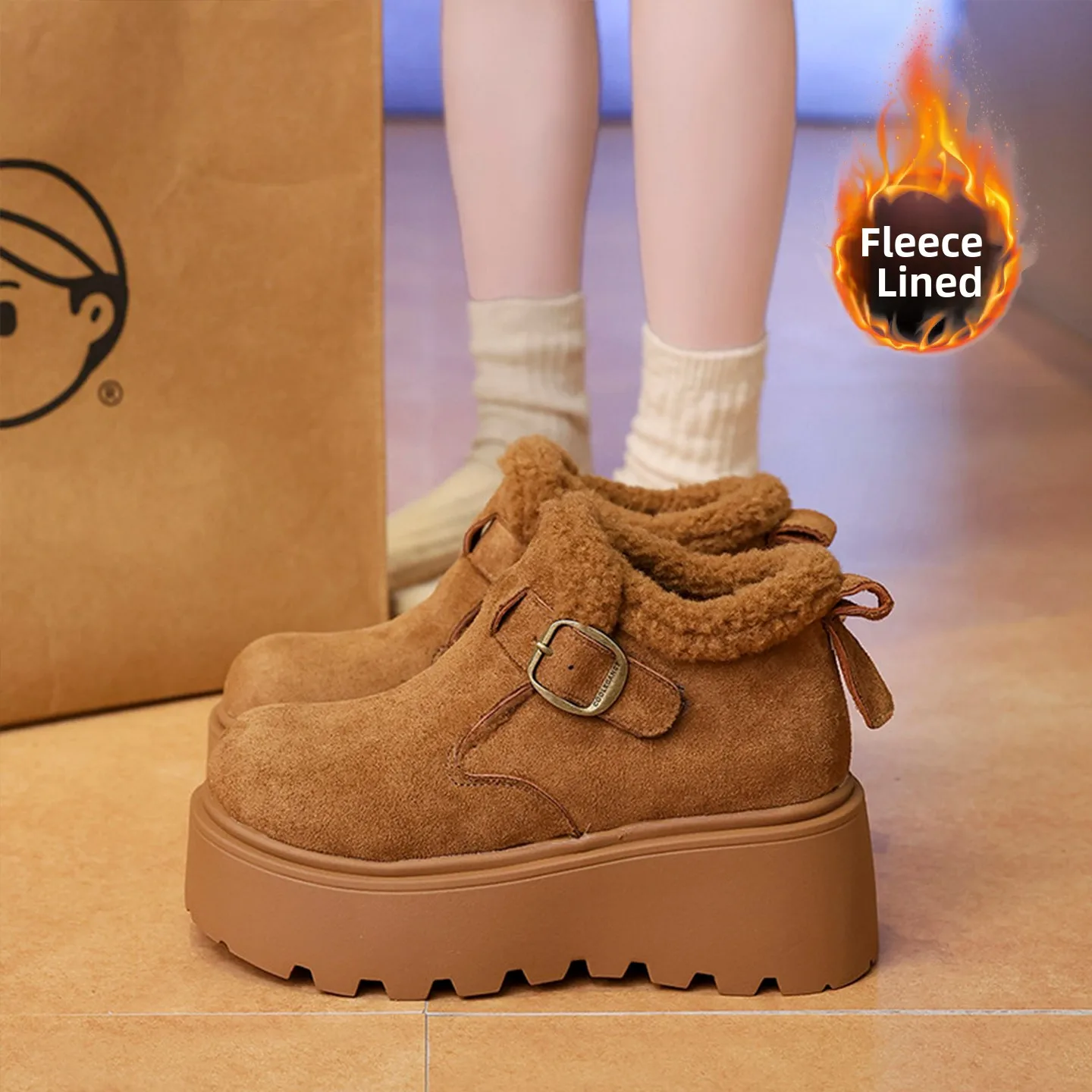 女性用冬用厚底フリース裏地付きビルケンシュトック-スノーブーツ-カジュアル-ラウンドトゥ-ミッドヒール-ラバーアウトソール