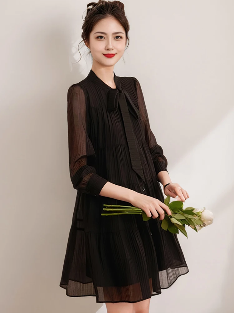 2025 New Black Chiffon Chic Bow Stand Collar Mini Dress Spring Summer Long Sleeve Bodycon Dress Women Elegant Casual Party Dress