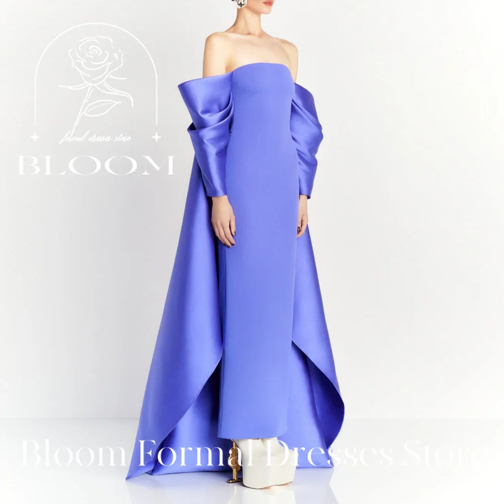 

Bloom Formal Dresses Store Customized Off - Shoulder Satin Evening Gown with Dramatic Puffy Sleeves and Long Trailing Hem