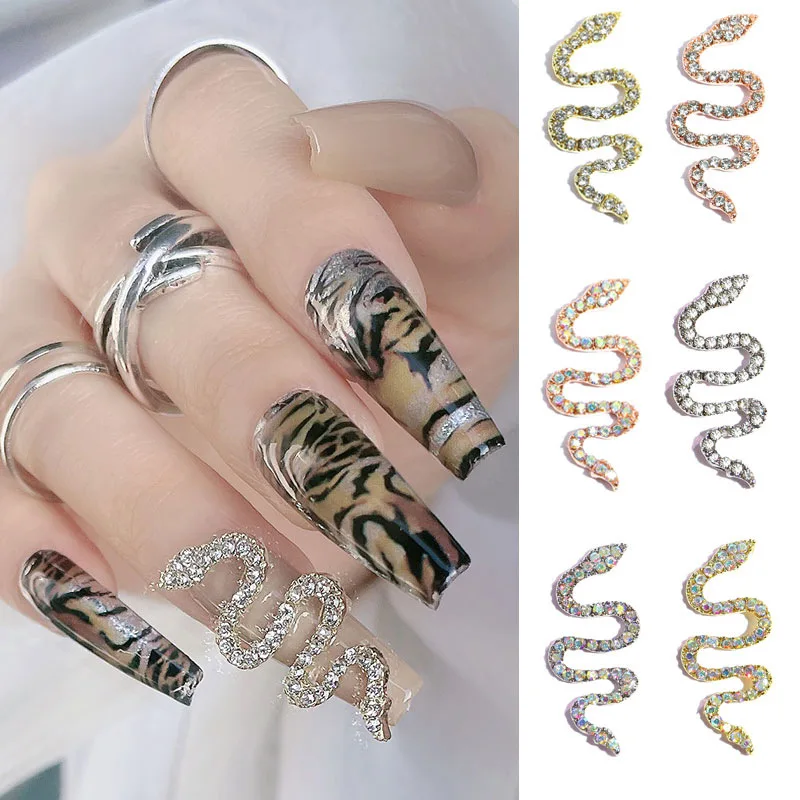 10PCS/lot 3D Snake Nail Charms Luxury Punk Design Metal Aolly Gold Silver Snake Rhinestones DIY Manicure Decoration Accessories