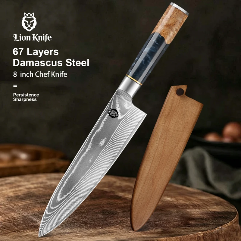 Coltello da cucina professionale da 8 pollici, super affilato, in acciaio Damasco a 67 strati, coltello da cucina di alta qualità, manico in resina e legno colorato, con custodia.