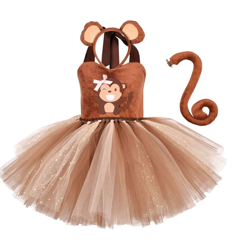 

Brown Animal Monkey Dress For Girls Cosplay Costume With Tail Headband Summer Halloween Birthday Party Clothing Christmas Gifts