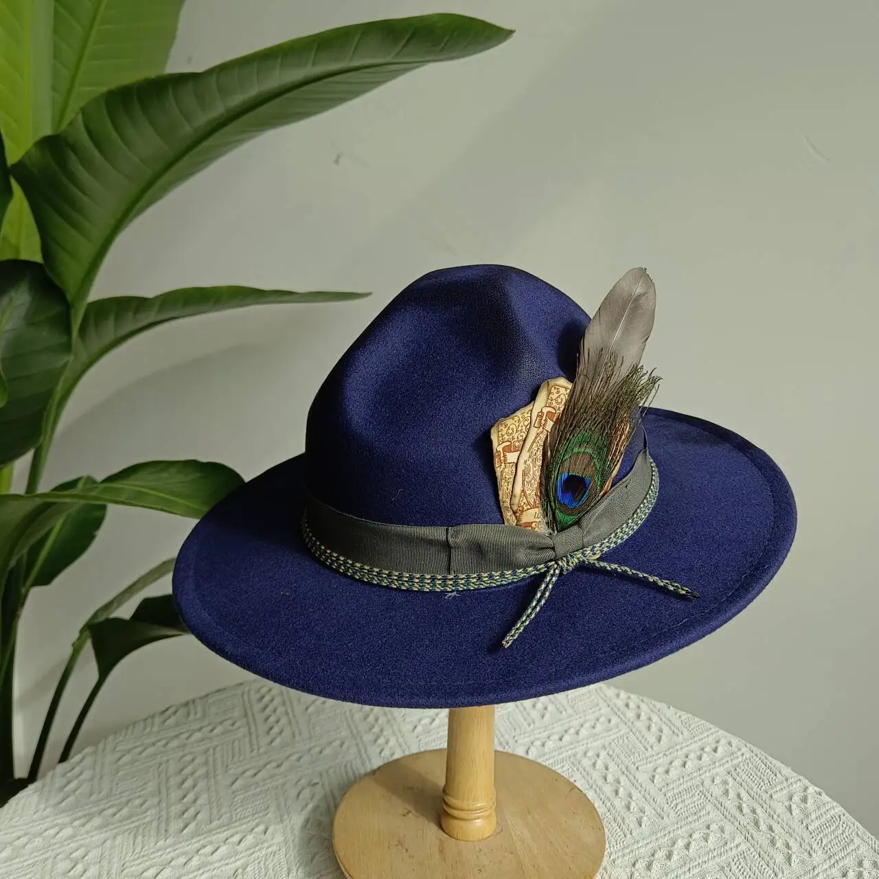 Navy Blue British Retro Hat Braided Feather Accessories Jazz Volcano Peak Police Felt Hat Panama Hat Edora Ranger Hat