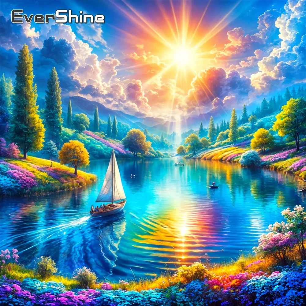 EverShine Diamant-Mosaik-Landschaftsbild mit Vollquadrat-Diamanten, Baum-Motiv aus Strass, Diamant-Stickerei, Boot-Wandkunst