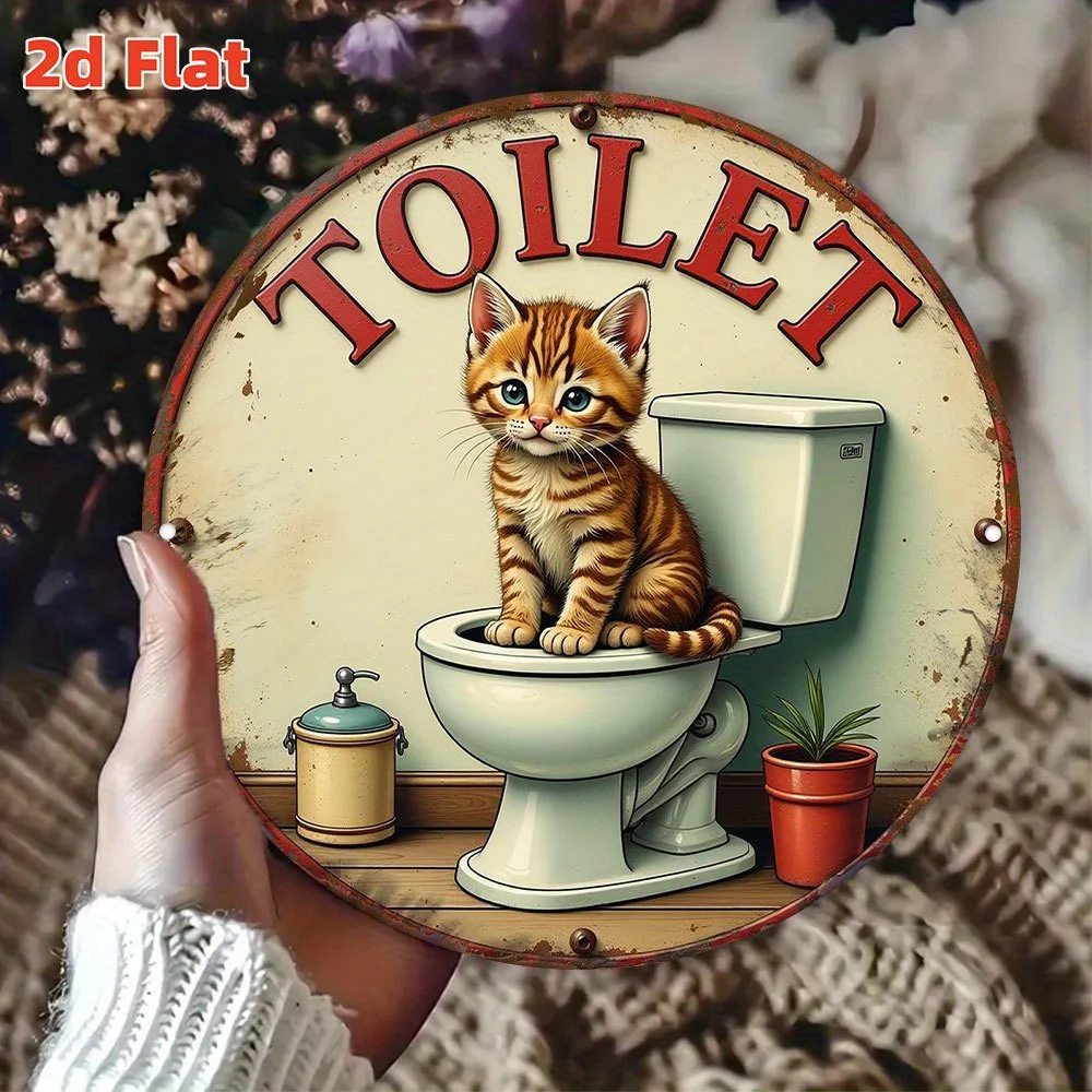 2D Flat "Cat Toilet Sign" |Cute Pet Etiquette Poster with Paw Print & Sandbox Illustration,Fun Wall Art Round Decorative Plaque