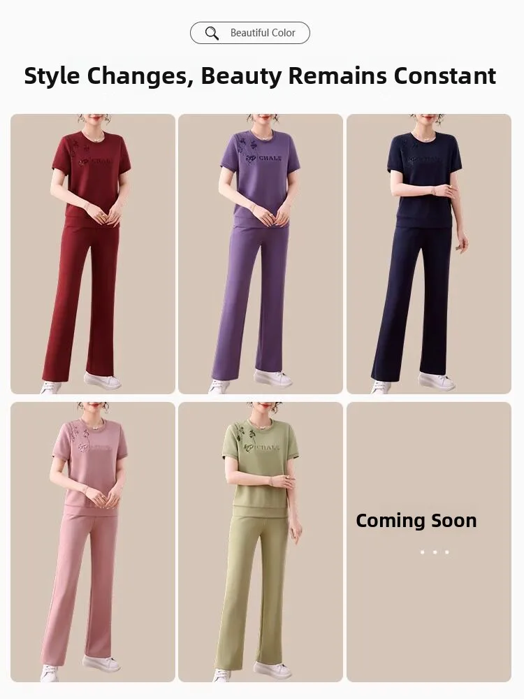 

Delicate Handmade Feel Short Sleeve Fashionable Two Piece Set Women's Summer Midlife Mom Sportswear Commute Set