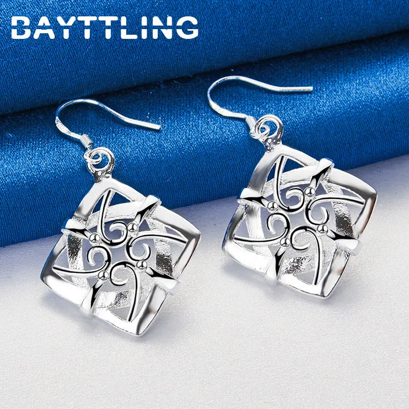 

BAYTTLING 925 Sterling Silver 44MM Exquisite Braided Square Earrings For Fashion Women Charm Wedding Jewelry Gifts Accessories