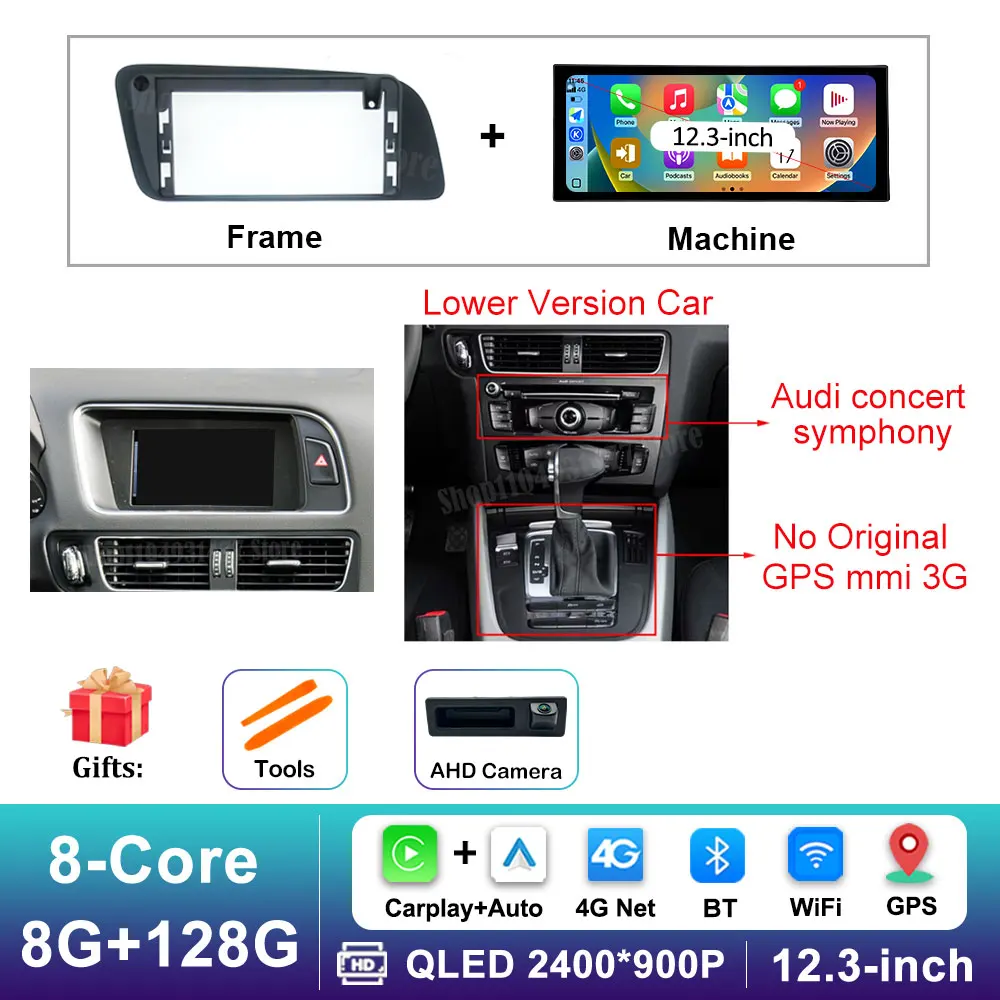 12,3 inch GPS Navigatie Draadloze Carplay Android 16 voor Audi Q5 2009 - 2017 BT Auto Multimedia Video Radiospeler 4G Auto Gereedschap