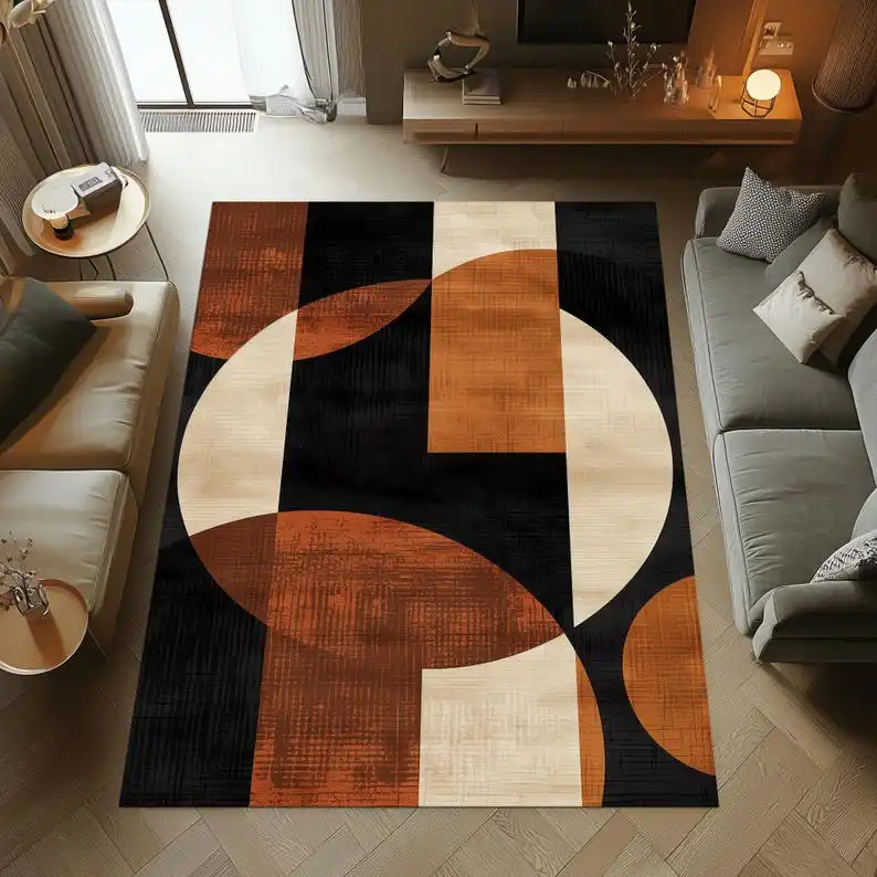 Abstract Circle Rug, Burnt Orange Beige Black Carpet, Modern Minimalist Washable Floor Mat