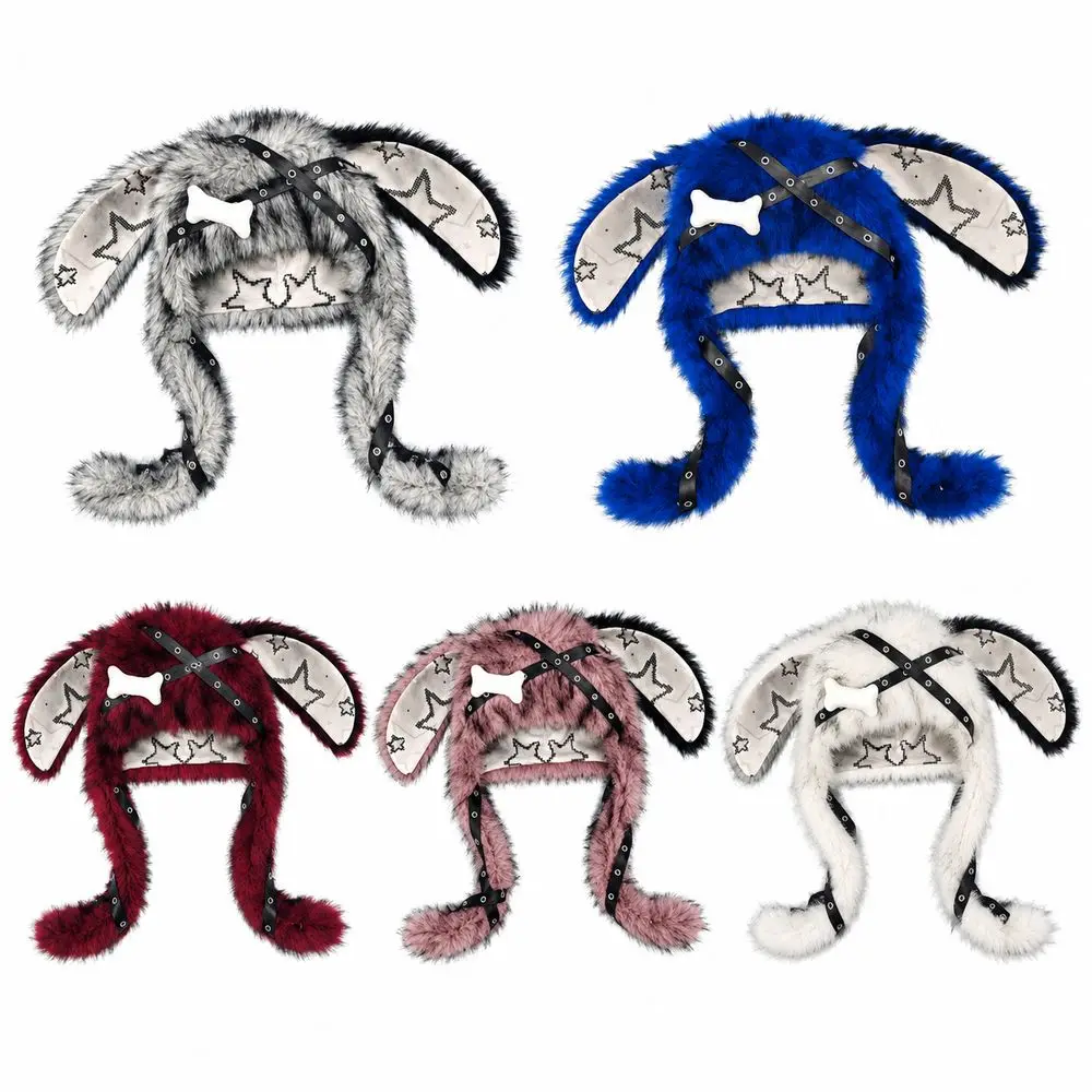 Creative Gift Y2K Streetwear Bunny Ear Hat Gothic Style Faux Fur Hat Adjustable Snaps Punk Style Hat