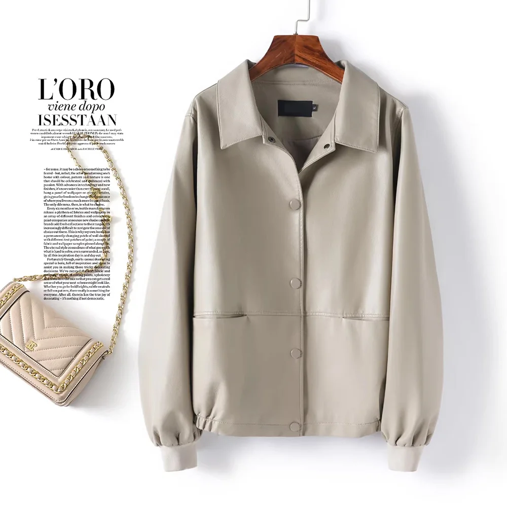 Nouvelle veste en cuir fendu pour femme, printemps-automne, col rabattu, manches longues, coupe ample, décontractée, courte, pour le quotidien