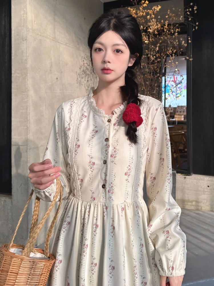 Spring Retro Corduroy Dress Women Knee Length Long Sleeved Sleeve Print Dresses Sweet Slim Autumn Dress Women Lace Collar Dress