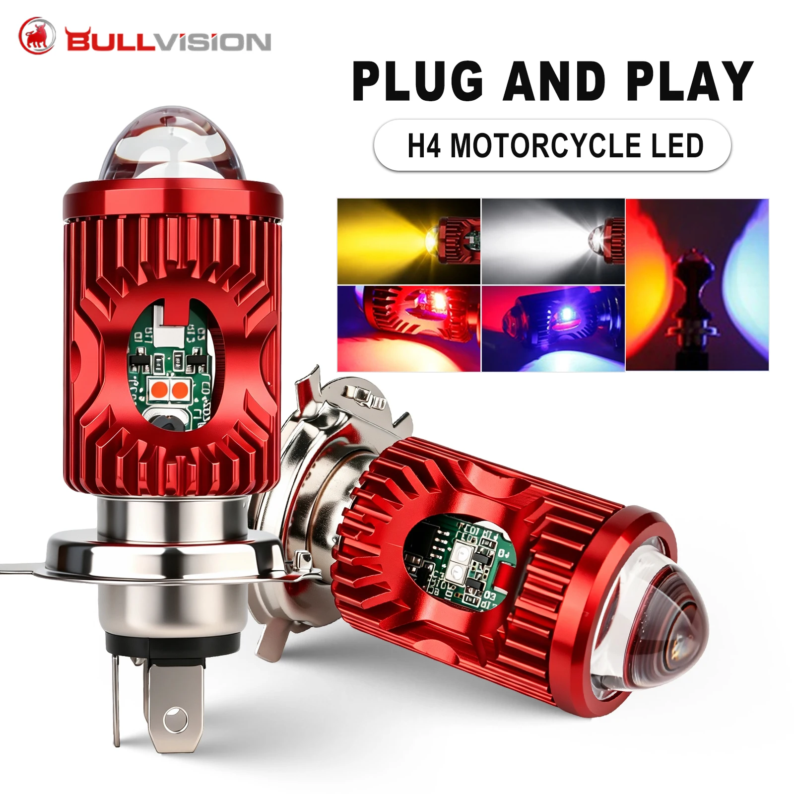 Bullvision H4 LED Super Bright 15000LM Motorcycle Headlight Bulbs CSP Lens White Yellow Hi Lo Lamp Scooter Accessories Fog Light