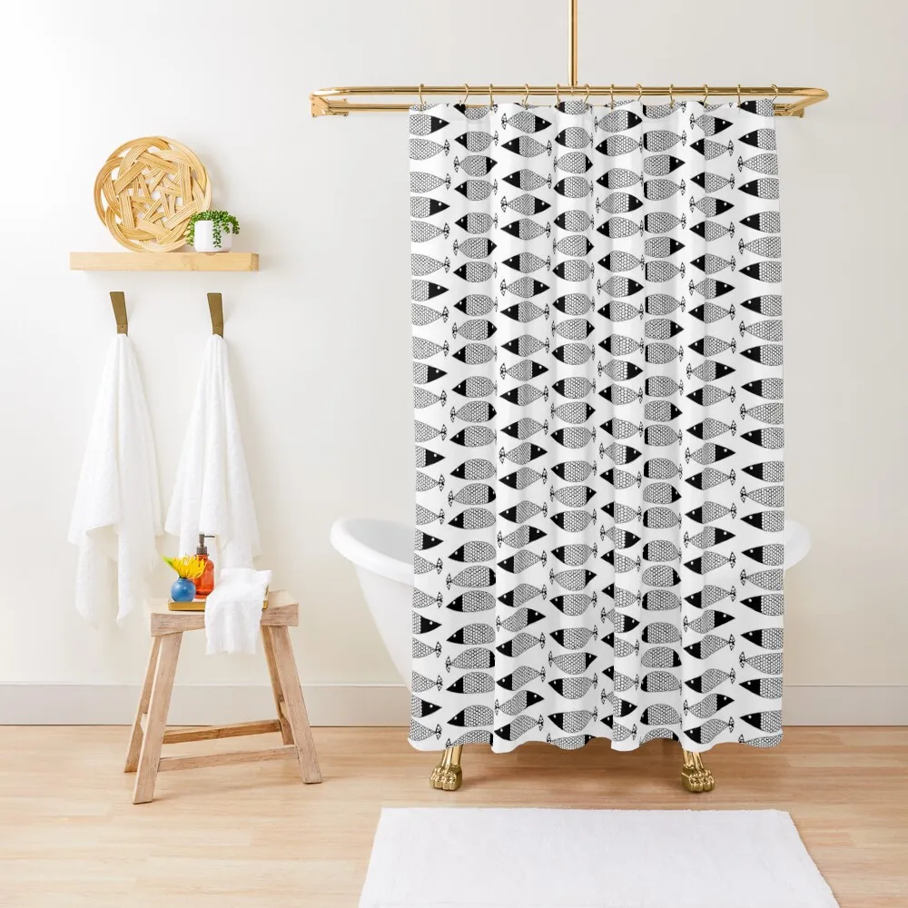 Three Fish, black and white. Minimalist Monochrome Mid-Century Modern Scandinavian Shower Curtain Bathtub Curtain