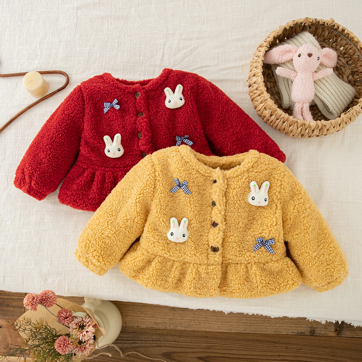 Baby Girl Jacket Winter Cotton Solid Color Bow Long Sleeved Baby Girl Coat Cartoon Thick Warm Baby Girl Clothing