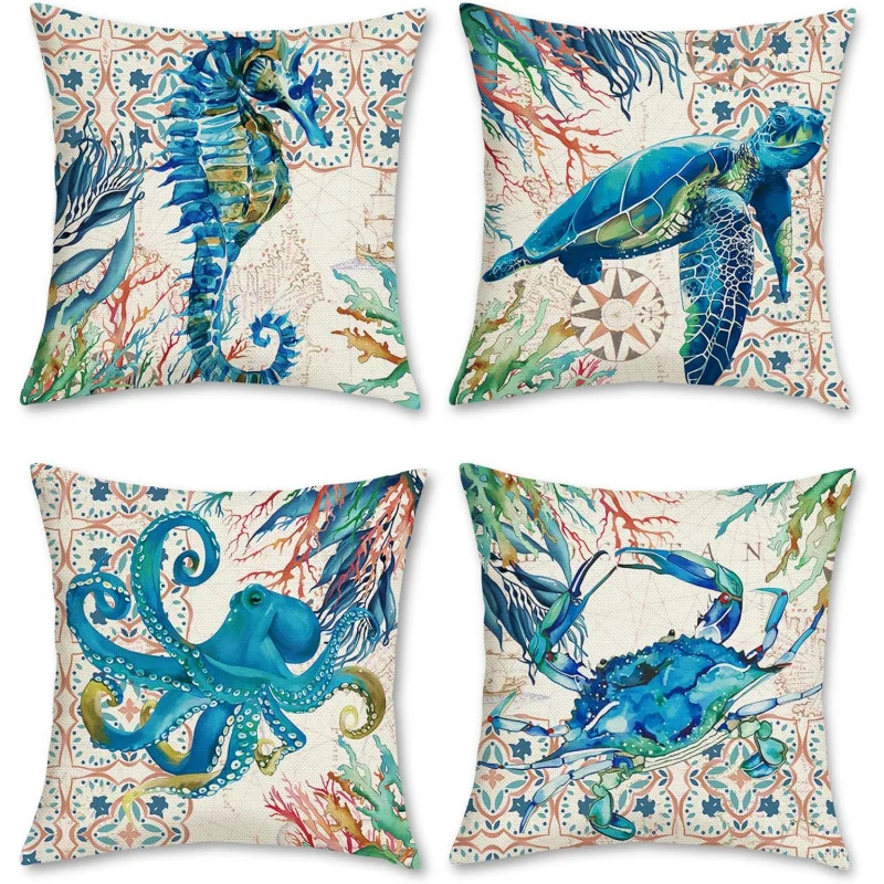 

Sail pillowcase 18 x 18 inchesset of 4 sea turtlesseahorsesoctopusesoutdoor decoration polyester linen cushion cover