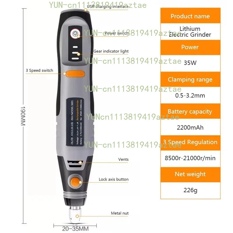 USB Cordless Mini Rotary Engraving Pen, 3‑Speed 8500‑21000RPM with Accessory Set