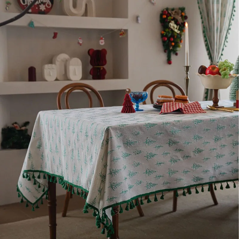 Christmas Bronzing Tablecloth with Tassels Berry Printed Rectangular Holiday Table Cover Dust-Proof Wear-Resistant Home Textile