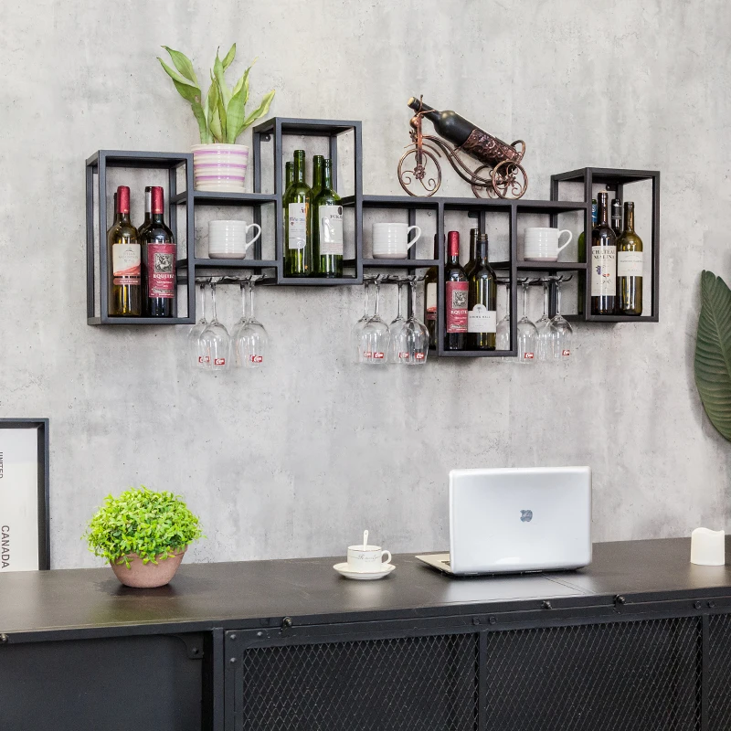 Nordic solid wood wrought iron wall hanging wine rack wine cabinet creative hanging wine