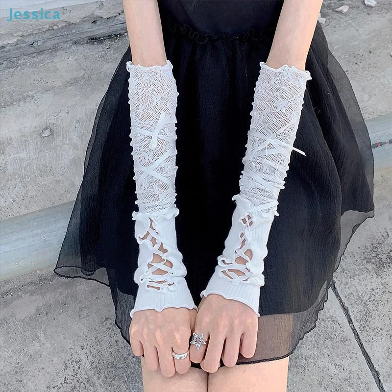 ♥Black Lace Arm Warmers with Lace-Up Detail - Gothic Lolita Fingerless Gloves for Cosplay, Party & Fashion Accessory