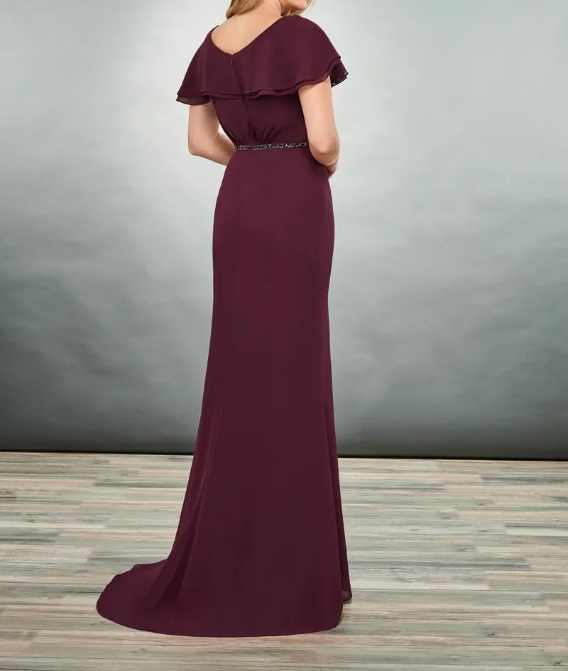 Eleagnt Grape mother of the bride dress Chiffon with Beaded Waist Praty Dress with Wrap High Quality