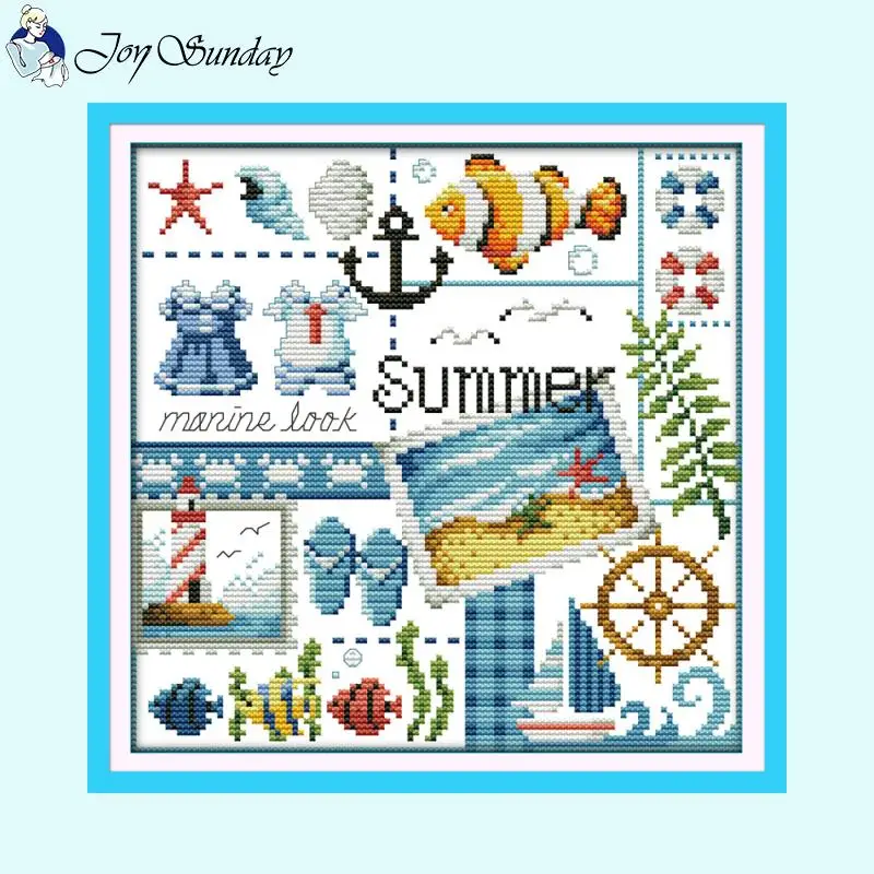 Joy Sunday Four Seasons Cartoon Series Pattern Cross Stitch Set Aida 14ct 16ct Needlework Embroidery DIY Kids Crafts Sewing Kit