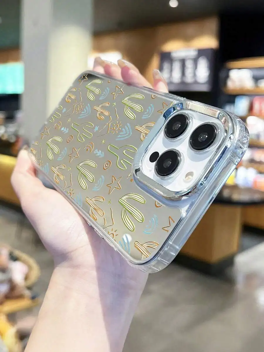 

Transparent Cactus Star Pattern Mirror Phone Case For iPhone 15 14 13 12 11 Series